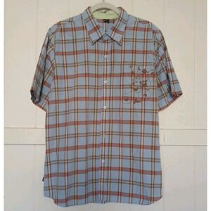 Vintage 90s RUSTY Shirt Plaid Button Up Men's Large Blue Plaid Short Sleeve Surf